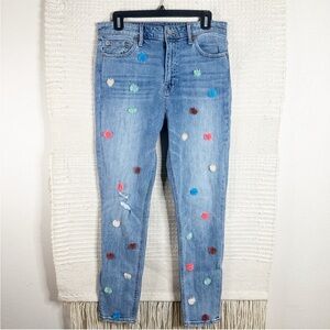 LUCKY BRAND medium wash pom pom appliqué Bridgett Skinny jeans 30